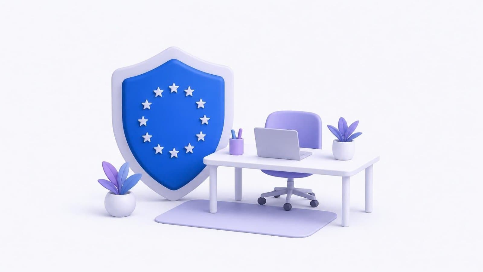 Blåt skjold med EU-stjerner ved siden af et skrivebord med laptop