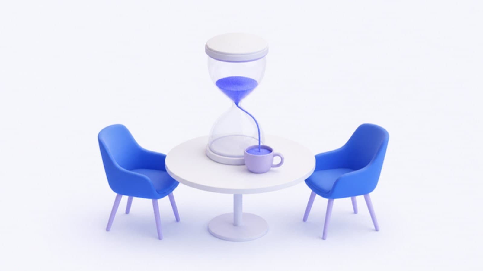 Et timeglas, hvor sandet løber ned i en lille kaffekop i stedet for i bunden af glasset